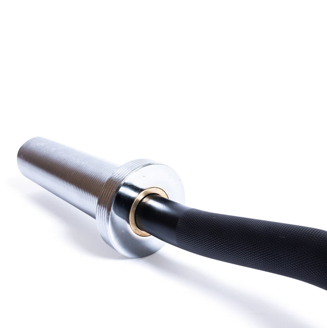 A close-up of the end of a Bells of Steel EZ Curl Bar (45") on a white background, showcasing its textured grip and smooth sleeve—perfect for targeted biceps and triceps workouts.