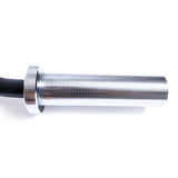 A close-up of the Bells of Steel EZ Curl Bar (45") sleeve, featuring a grooved, shiny metallic surface—ideal for biceps and triceps workouts—isolated on a white background.