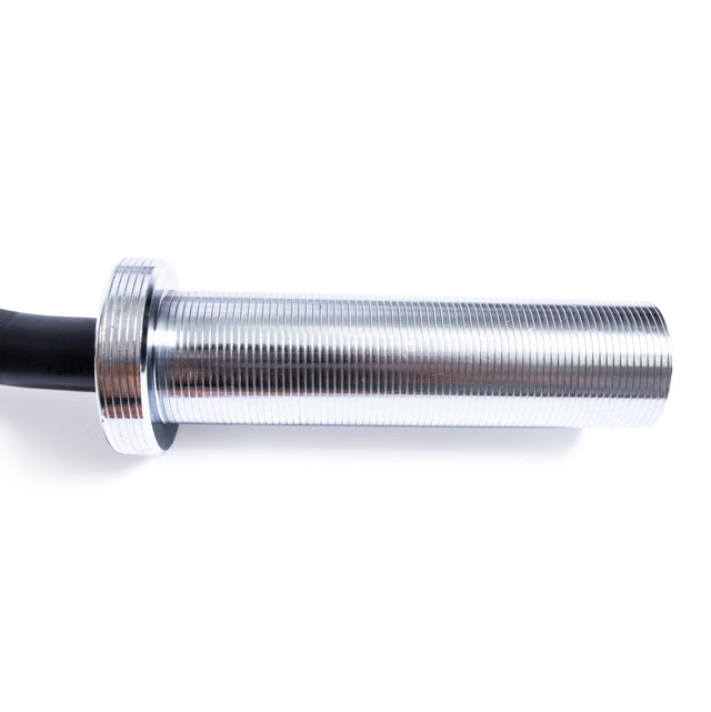 A close-up of the Bells of Steel EZ Curl Bar (45") sleeve, featuring a grooved, shiny metallic surface—ideal for biceps and triceps workouts—isolated on a white background.