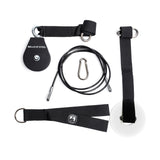 The Bells of Steel Cable Pulley set includes a black pulley, steel carabiner, cable, white loading pin, and black straps with metal rings—ideal for lat pulldowns and tricep pushdowns—displayed on a white background.