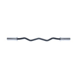 The Bells of Steel EZ Curl Bar (45") features a black finish with chrome ends and an ergonomic zigzag shape, making it perfect for efficient biceps and triceps workouts. Displayed on a white background.