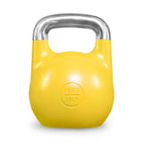 A yellow, colour-coded Bells of Steel Competition Kettlebell featuring a silver handle and clear “16KG” and “35LB” markings on the front—part of a premium range engineered with uniform dimensions for consistent training sessions.