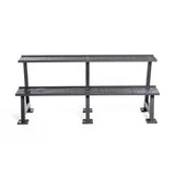 The Bells of Steel Kettlebell Rack is a two-tiered black metal bench with four square base supports, ideal for seating or storing kettlebells, shown against a plain white background.