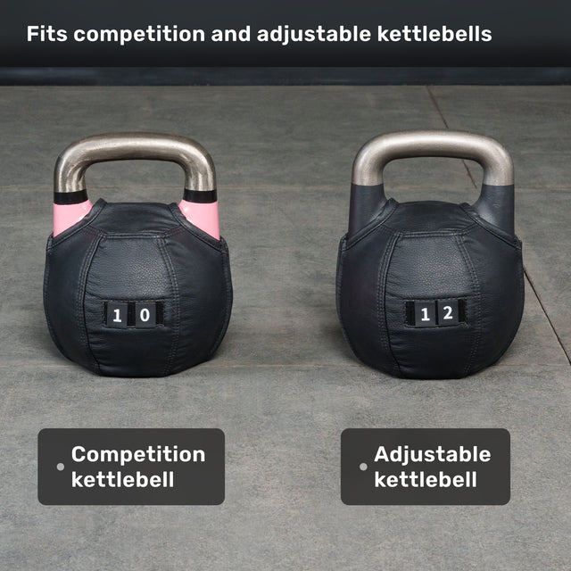Two kettlebells with Bells of Steel Kettlebell Wraps rest on a gym floor, ensuring reliable surface protection. One is a “10” Competition Kettlebell, while the other is a “12” Adjustable Competition Kettlebell. Text above indicates that the Kettlebell Wrap fits both varieties.