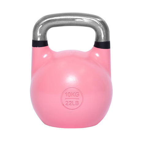 The Bells of Steel Competition Kettlebell is pink, features an ergonomic design with a metallic handle, and is labeled "10KG 22LB" on the front.