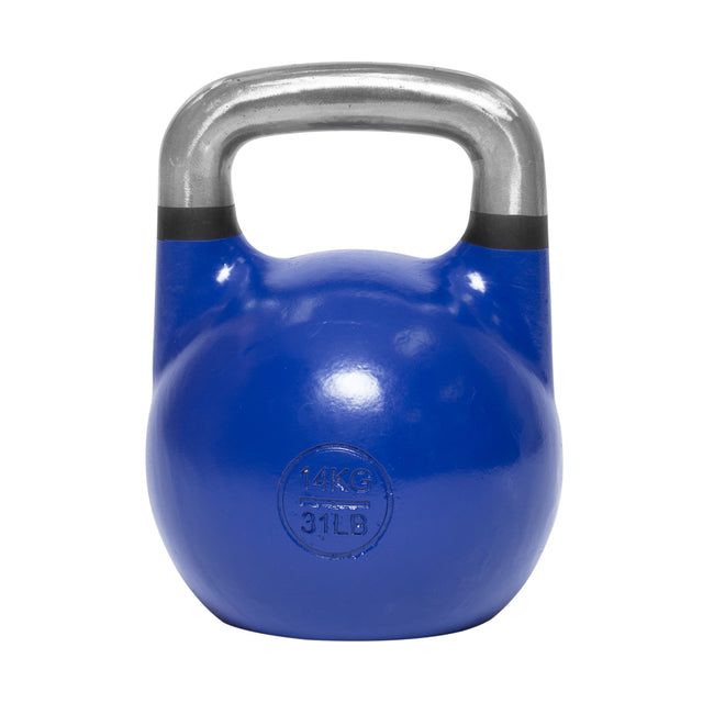 The Bells of Steel Competition Kettlebell, shown in blue with a silver handle and marked 14 kg (31 lbs), features an ergonomic design and is displayed against a white background.