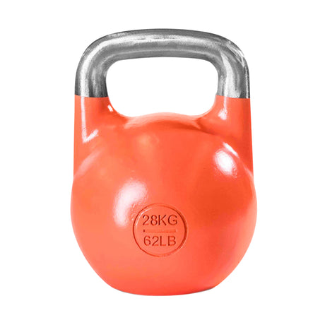 A Bells of Steel Competition Kettlebell in bright orange with an ergonomic design and silver handle, marked "28KG" and "62LB" on the front, is shown isolated on a white background.