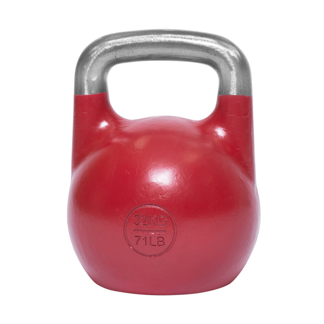 The Bells of Steel Wildman Swing Program Kettlebell Bundle includes a 32 kg (71 lbs) kettlebell with a striking red body and sleek silver handle, ideal for kettlebell swings and elegantly standing out against a white background.