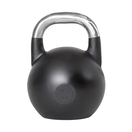 The Bells of Steel Competition Kettlebells, shown in black with a silver ergonomic handle and labeled "4 KG" and "9 LB," are ideal for kettlebell sport training against a white background.