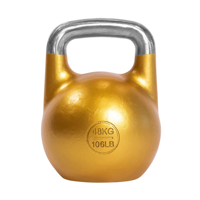 The Bells of Steel Competition Kettlebell, gold-colored with an ergonomic design and metallic handle, features "48KG 106LB" labeling on the front and is displayed against a white background.