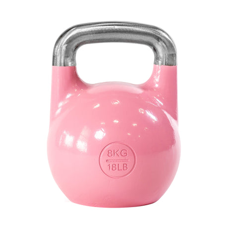 The Bells of Steel Competition Kettlebell is pink with a metallic handle, labeled 8 KG and 18 LB. Its shiny, smooth surface and ergonomic design make it perfect for kettlebell sport training.