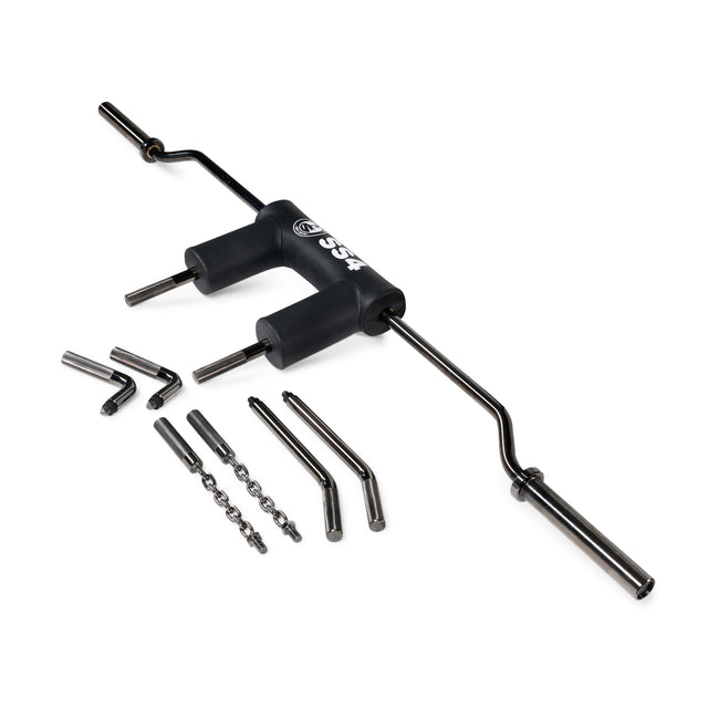 The Bells of Steel Safety Squat Bar – The SS4 is a black bar with padded shoulder rests and multiple interchangeable handles and attachments, ideal for leg day, shown on a white background.
