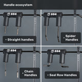 A chart compares four SS4 handle types—straight, spider, chain, and seal row—each shown on the Bells of Steel Safety Squat Bar, helping you easily customize your workout.