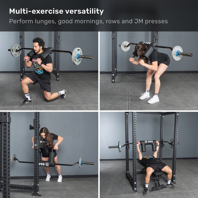 Four images show a man and woman using the Bells of Steel Safety Squat Bar - The SS4 for lunges, good mornings, barbell rows, and JM presses—demonstrating the SS4’s versatility for leg day or full-body workouts.