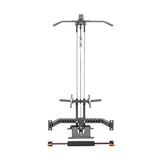 The Bells of Steel Lat Pulldown & Low Row Rack Attachment – Hydra & Manticore features a metallic black and gray frame, pull-down bar, weight stack, adjustable arms, foot platform, and a lat pulldown attachment for strength training.