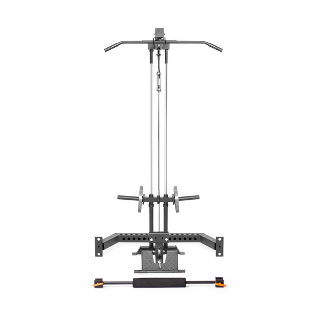 The Bells of Steel Lat Pulldown & Low Row Rack Attachment – Hydra & Manticore features a metallic black and gray frame, pull-down bar, weight stack, adjustable arms, foot platform, and a lat pulldown attachment for strength training.