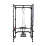 The Bells of Steel Lat Pulldown & Low Row Rack Attachment for Hydra & Manticore features a cable pulley system and adjustable holes, perfect for strength training in a gym, shown against a white background.