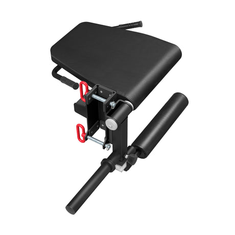 Bells of Steel Leg Curl / Leg Extension Rack attachment featuring a padded seat and adjustable roller pads for a home gym.