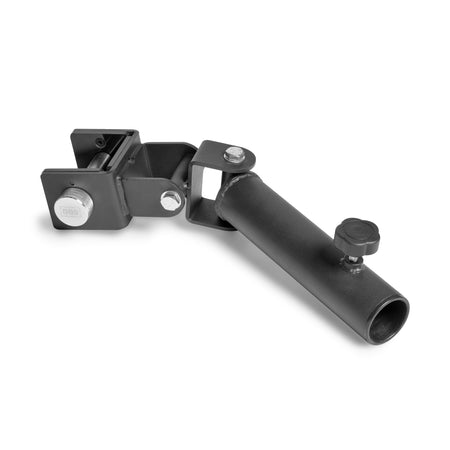 The Bells of Steel Landmine Rack Attachment is a black, adjustable bracket with a cylindrical tube and clamp mechanism, designed for strength workouts. It includes a tightening knob for optimal adjustment and reliability during equipment support.