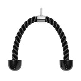 The Bells of Steel Tricep Rope Extension features a black twisted rope, rubber end caps, and a metal hook—ideal for tricep workouts and compatible with any cable machine attachment.
