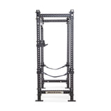 A Manticore Four Post Power Rack - Prebuilt (3" x 3", 1" Holes) from Bells of Steel, featuring modular components such as adjustable crossbars and safety straps, designed for weightlifting and strength training in home gyms. The "Bells of Steel" branding is prominently displayed at the base, set against a white background.