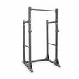 The Bells of Steel Manticore Half Rack - Prebuilt features 3" x 3" uprights with 1" holes, a pull-up bar, and stabilizing base—ideal for strength training and weightlifting in your home gym.