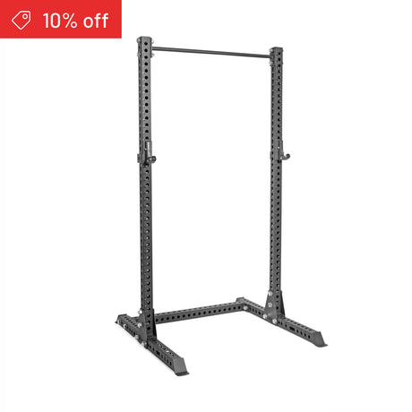 The Bells of Steel Manticore Squat Stand Builder (3" x 3", 1" holes) with a pull-up bar is shown on a white background. A red “10% off” tag appears in the top left—perfect for your home gym setup.
