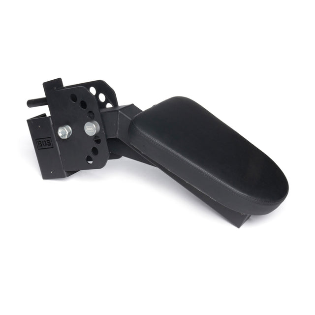 The Bells of Steel Seal Row Pad Rack Attachment is a black adjustable plastic armrest with a mounting bracket and multiple screw holes, designed for use as a chest support or seal row pad on power racks.