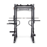 The Manticore Flat Foot Power Rack - Prebuilt by Bells of Steel features a durable 3" x 3" frame with 1" holes and supports up to 1,000 pounds. It includes pull-up bars, weight storage pins, and adjustable safety bars for ideal strength training.