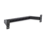 The Bells of Steel Rear Base Stabilizer is a black metal rackmount bracket with multiple evenly spaced circular holes and mounting plates on both ends, ideal for 3x3 power rack uprights or rear base stabilization.