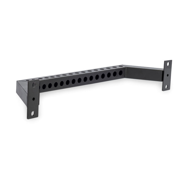 The Bells of Steel Rear Base Stabilizer is a black metal rackmount bracket with multiple evenly spaced circular holes and mounting plates on both ends, ideal for 3x3 power rack uprights or rear base stabilization.