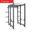 The Bells of Steel Manticore Six Post Power Rack Builder (3" x 3", 1" holes) is shown on a white background with safety bars, attachment holes, and plate holders. A red "10% off" banner appears in the top left—ideal for modular home gyms.