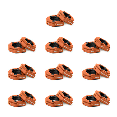 Twelve orange Bells of Steel Magnetic Clamp Collars with black inner sections, arranged in a grid on a white background—ideal barbell collars for secure and easy weight changes.