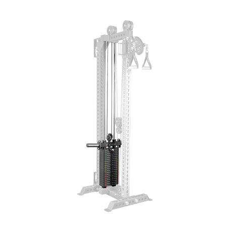 The Bells of Steel Oblivyon Tower - 3" x 3” Cable Tower features a vertical weight stack, adjustable pin, cables, and handles. Shown with a semi-transparent frame on a white background—perfect for any home gym cable machine setup.