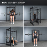 Four images show a woman using the Bells of Steel Arch Nemesis Swiss Bar and a squat rack for bent-over row, overhead press, bench press, and front squat. Text at the top highlights its "Multi-exercise versatility.