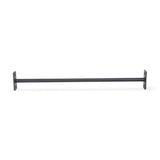 The Bells of Steel Straight Pull Up Bar features a long, straight metal design with mounting plates at each end, perfect for installation between surfaces as a pull-up bar. Its dark hue indicates strength training use, set against a plain white backdrop.