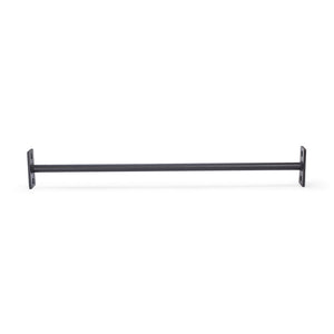 The Bells of Steel Straight Pull Up Bar features a long, straight metal design with mounting plates at each end, perfect for installation between surfaces as a pull-up bar. Its dark hue indicates strength training use, set against a plain white backdrop.