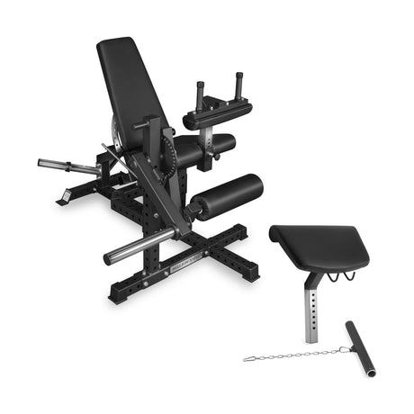 Bells of Steel Legacy Leg Extension / Hamstring Curl Machine - Plate Loaded featuring an adjustable seat, a preacher curl attachment, and a short chain pull.