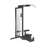 Enhance your home gym with the sleek Bells of Steel Lat Pulldown Low Row Machine, featuring an adjustable seat, weight stack, black cable system, long pull-down bar, padded foot holder, sturdy frame with visible cables, and the "Bells of Steel" logo on the seat.