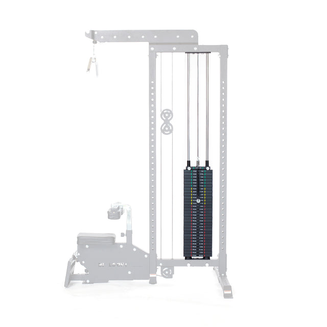 The Bells of Steel Lat Pulldown Low Row Machine features a gray frame, seat attachment, weight stack, and pulley system. Vertically stacked plates are shown on a white background.