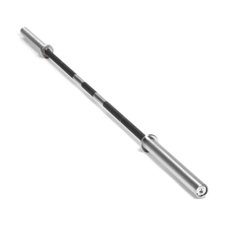 The Bells of Steel Powerlifting Bar is a budget-friendly steel barbell with knurled grip sections and smooth sleeves, ideal for weightlifting or powerlifting, shown against a white background.