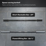 Two barbells lie side by side on a tiled floor. The top, labeled "Short Rackable Barbell," from Bells of Steel, is compact and space-saving—ideal for home gyms. Below it is the longer "Powerlifting Bar." Text above highlights their size difference.