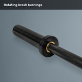 A close-up of the Bells of Steel Short Rackable Barbell sleeve with rotating brass bushings against a gray background. The text at the top reads "Rotating brass bushings." Perfect for your home gym setup.