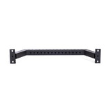 The Bells of Steel Rear Base Stabilizer is a black metal bracket for power racks with perpendicular mounting plates and a center bar featuring spaced holes for adjustable attachment to 3x3 uprights.
