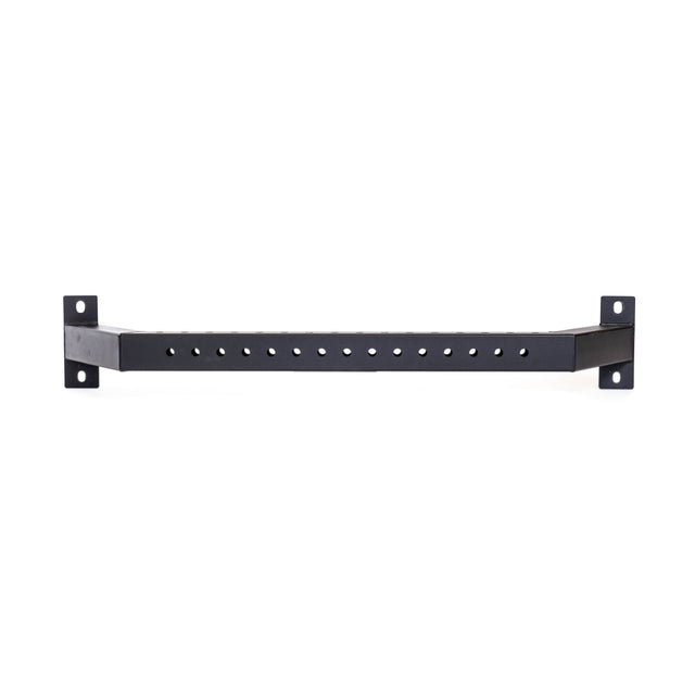 The Bells of Steel Rear Base Stabilizer is a black metal horizontal bracket for 3x3 uprights, with two mounting plates at each end and a central row of evenly spaced holes, shown on a white background.