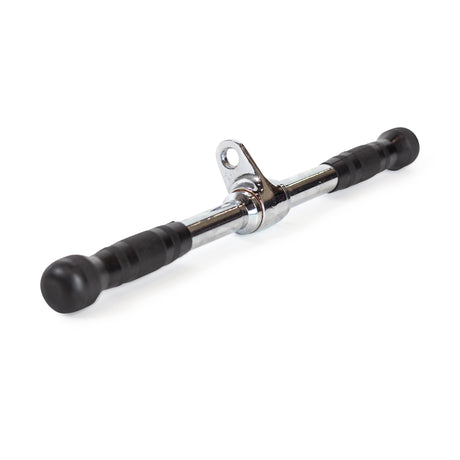 The Bells of Steel Straight Bar Cable Attachment (20") is a chrome-plated bar with rubber grips at both ends and a central cable attachment point, designed for use with gym equipment and shown on a white background.