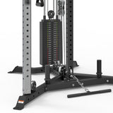 The Bells of Steel All-in-One Trainer is a versatile functional trainer with a weight stack, pulley system, and handle attachment. Its robust metallic frame features multiple adjustment holes for tailored workouts.