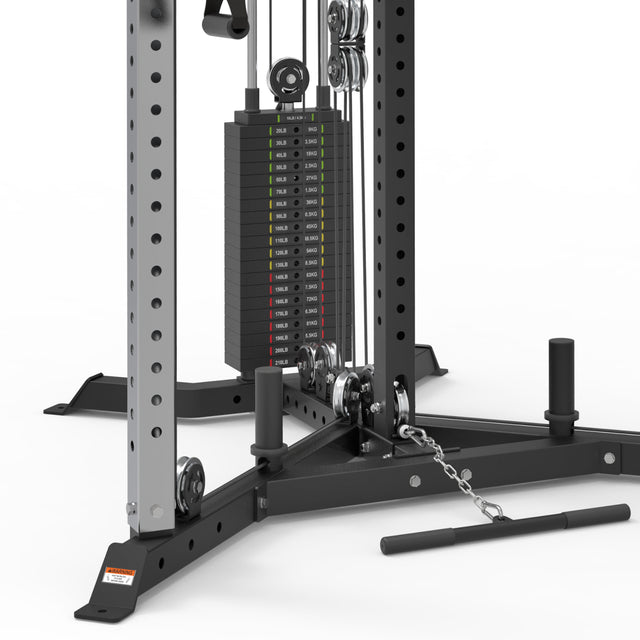 The Bells of Steel All-in-One Trainer is a versatile functional trainer with a weight stack, pulley system, and handle attachment. Its robust metallic frame features multiple adjustment holes for tailored workouts.