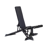 The Bells of Steel Buzz-Saw Heavy-Duty Adjustable Bench features a premium black vinyl padded seat and backrest, sturdy metal frame, and leg support rollers, displayed against a white background.