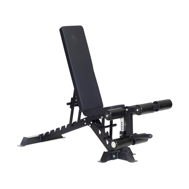 The Bells of Steel Buzz-Saw Heavy-Duty Adjustable Bench features a premium black vinyl padded seat and backrest, sturdy metal frame, and leg support rollers, displayed against a white background.